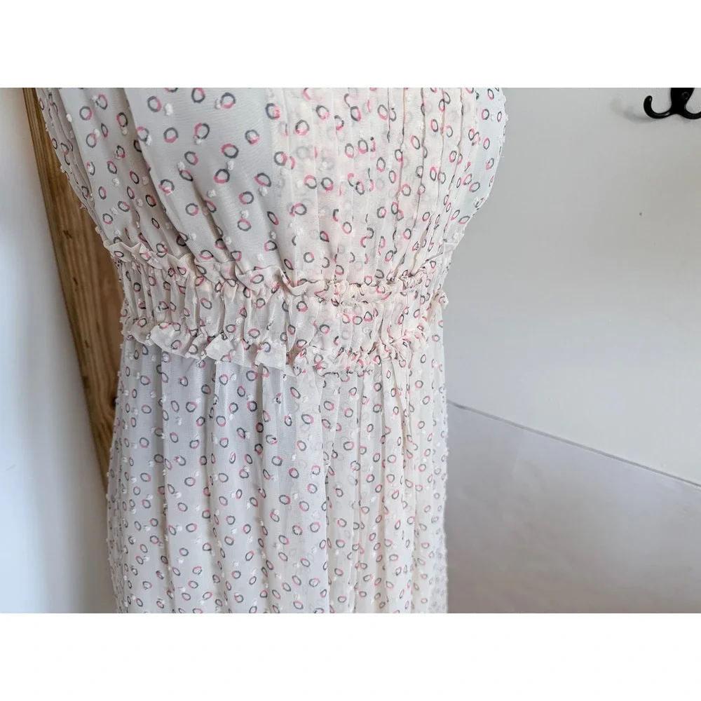 Studio M Ivory Pink Print Ruffle Waist Sleeveless Dress XS‎ NWT